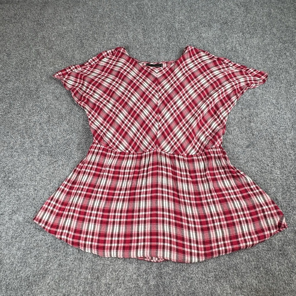 Lane Bryant Top Womens 14 Red Plaid Peplum Tie Back Cottage Academia Pastoral